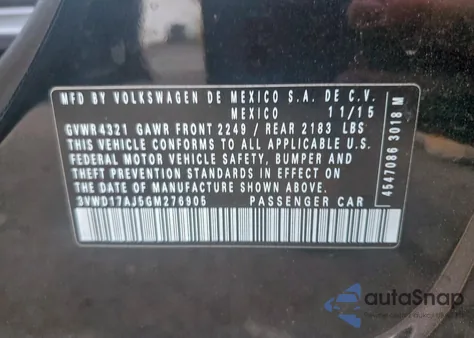 2016 Volkswagen Jetta Sport from USA, damaged, VIN 3VWD17AJ5GM276905